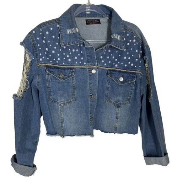 Custom Blue Denim Jean Jacket Luxury Tax Beaded Crystal Bling Stretch Y2K Large - Picture 2 of 6